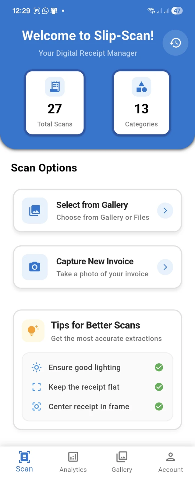 Slip-Scan scan options screen