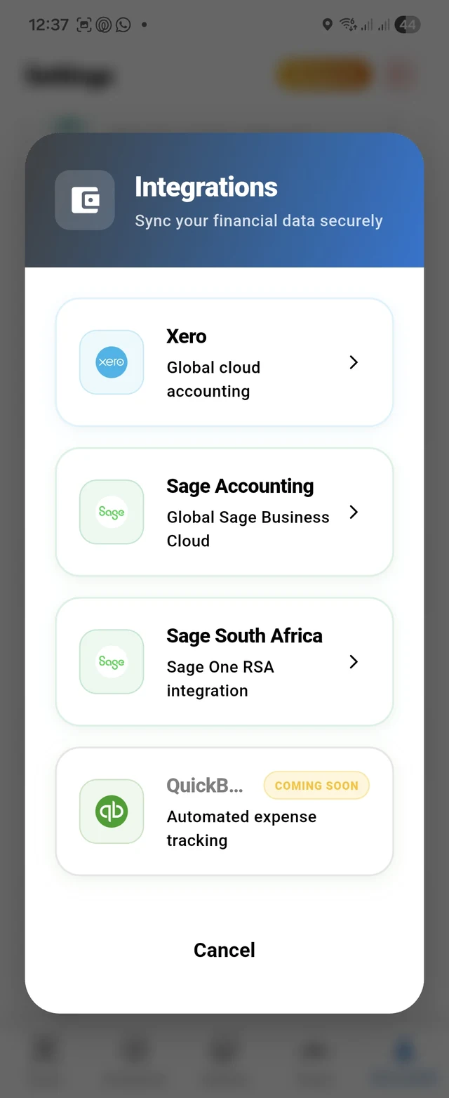 Slip-Scan accounting integrations screen