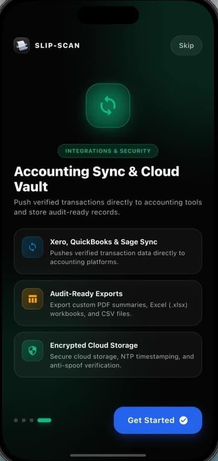 Slip-Scan accounting sync and cloud vault screen